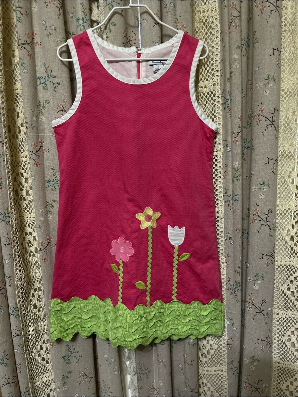 Hartstrings Girls Pink Floral Applique Ric Rac Dress Size 7 EUC